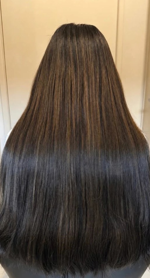 After: thick, blended brunette extensions